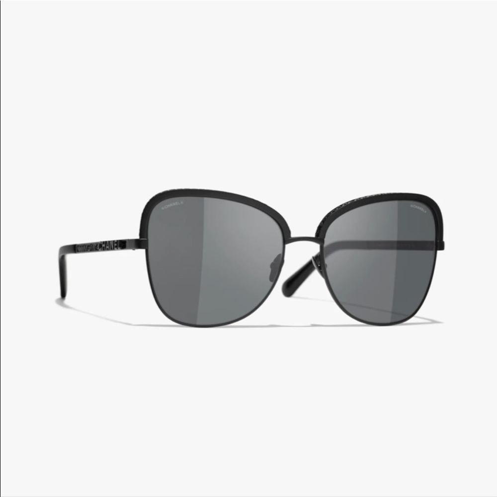 Chanel Square Sequins Sunglass, Black Metal Frame Chanel Sunglasses